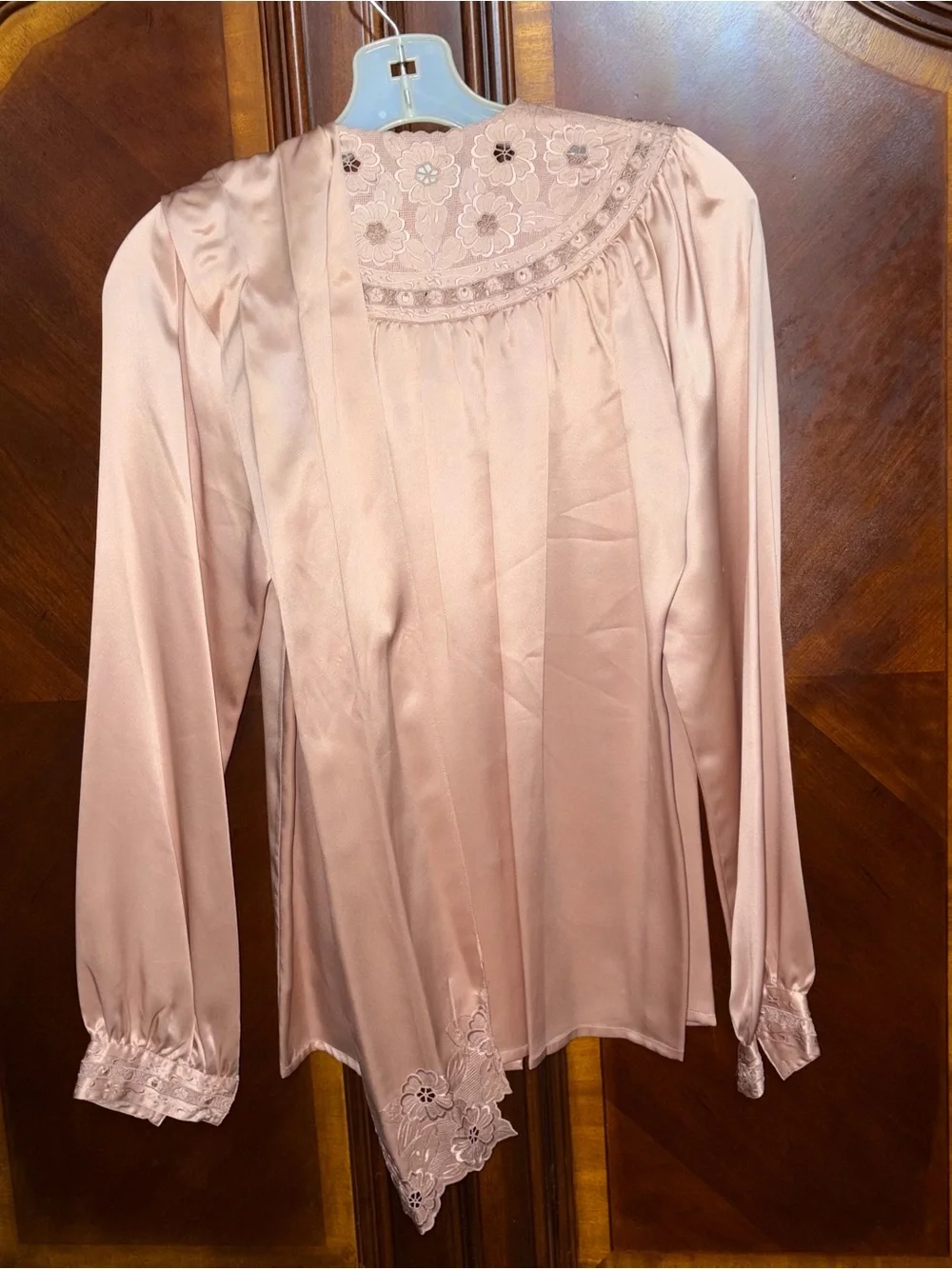 Women's Blush Pink Silk Button-Front Blouse with Lace and Scarf